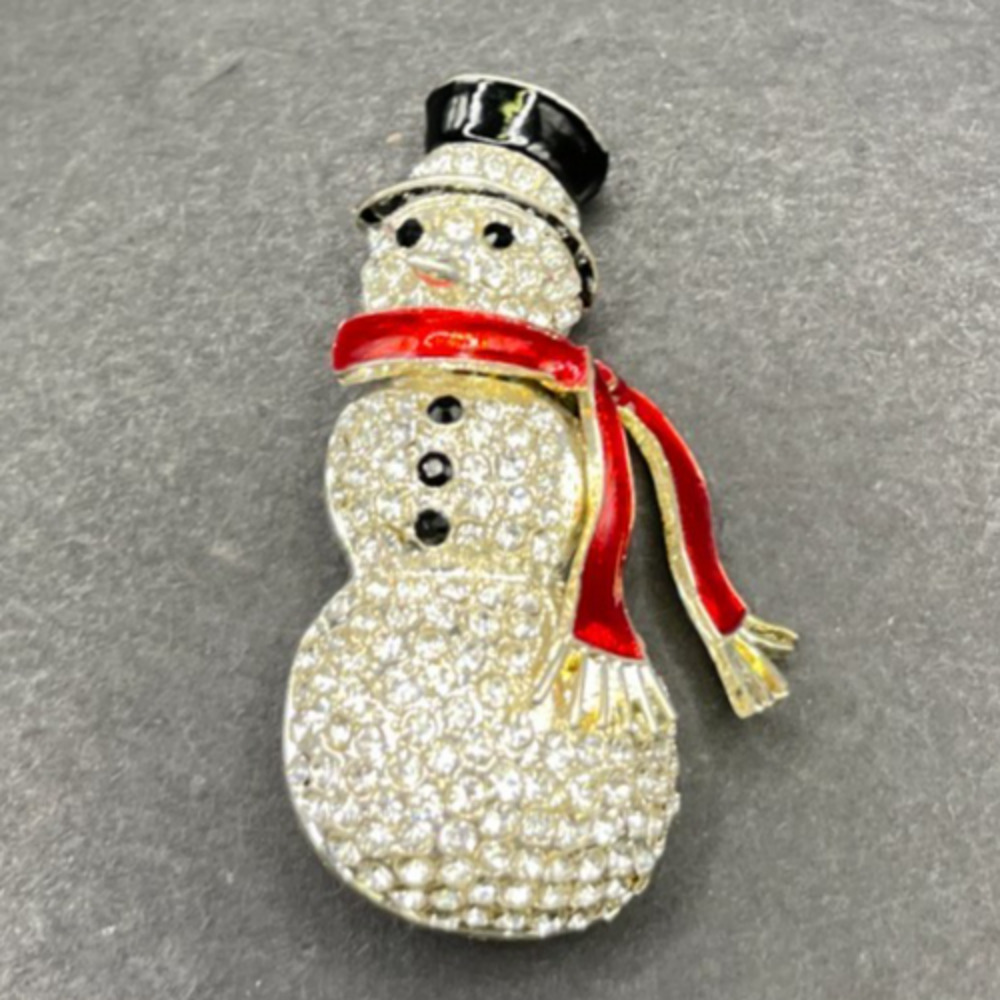 Vintage Rhinestone Snowman Brooch Pin Christmas Holiday Red Scarf Black Top Hat